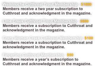 

Weminuche Cutthroat Trout Membership:  $1000
Members receive a two year subscription to Cutthroat and acknowledgment in the magazine.

Lime Creek Cutthroat Trout Membership:  $500
Members receive a subscription to Cutthroat and acknowledgment in the magazine.

Crazy Woman Creek Cutthroat Membership: $100 
Members receive a subscription to Cutthroat and acknowledgment in the magazine.

Fingerling Cutthroat Membership:  $50
Members receive a year’s subscription to Cutthroat and acknowledgment in the magazine.
                  